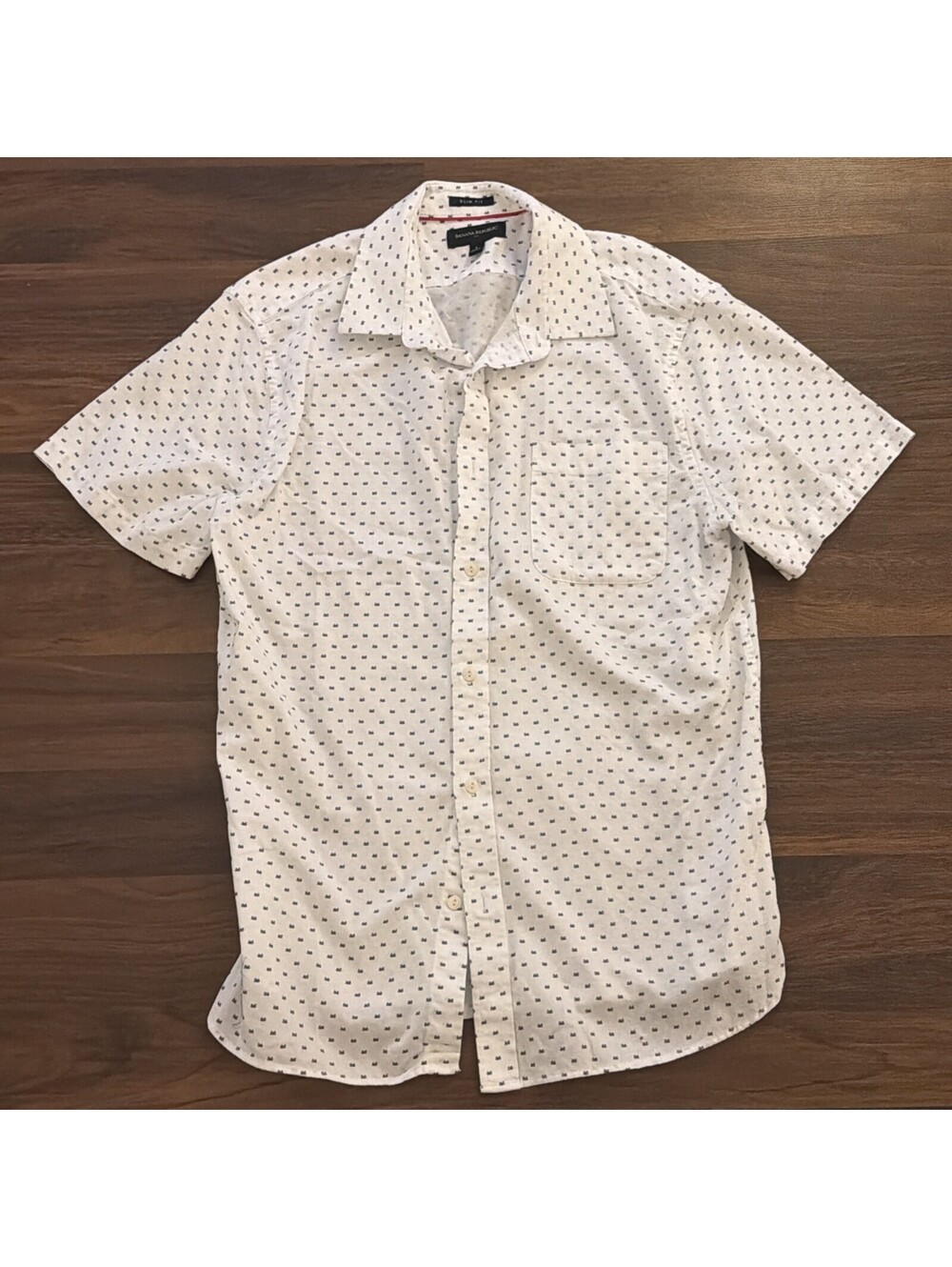 Banana Republic Shirt L White Short Sleeve Bicycle pattern Button Up Cotton